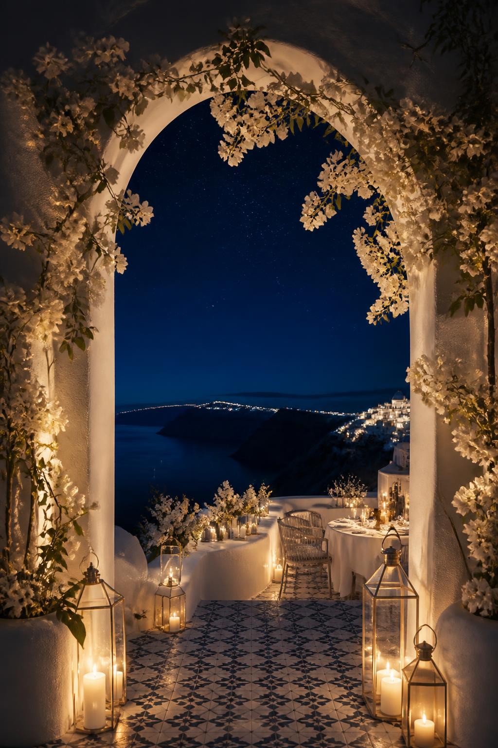 Santorini archway at night with lanterns, white flowers and the Aegean sea beyond