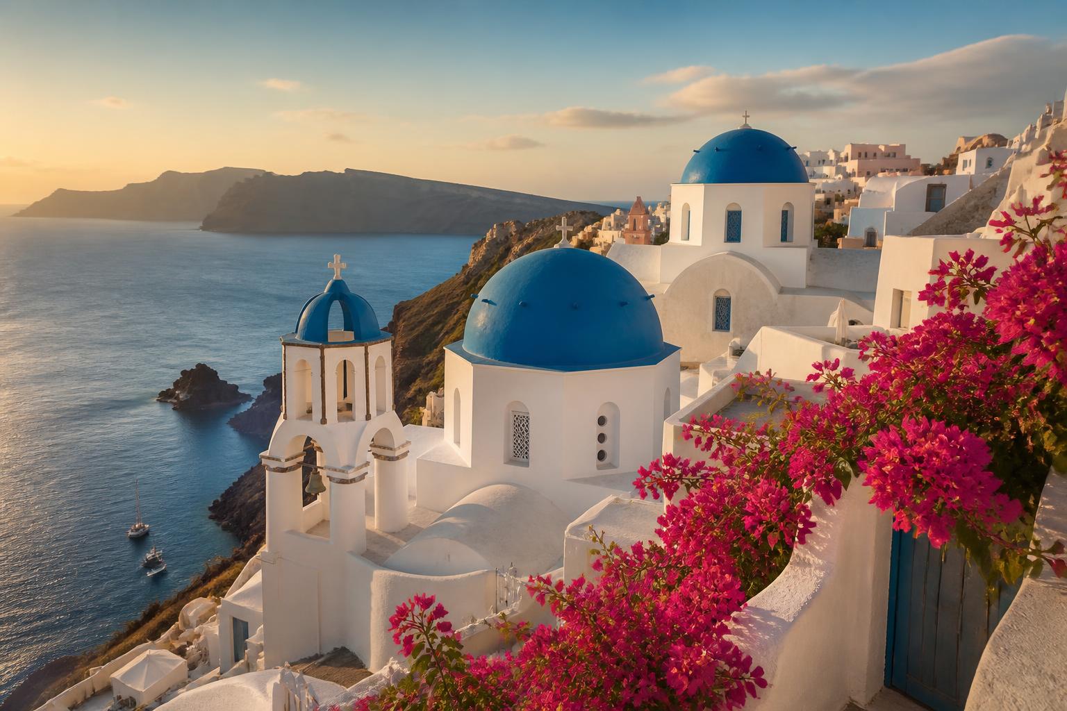 Santorini blue domes above the Aegean sea with bougainvillea