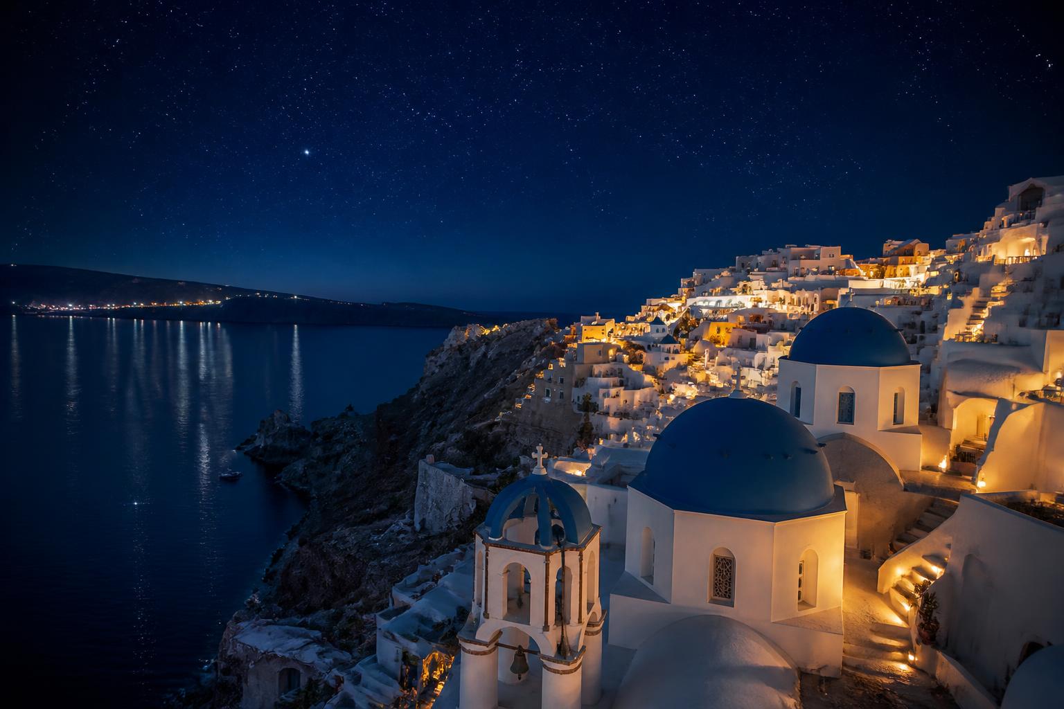 Santorini village at night under a starry sky